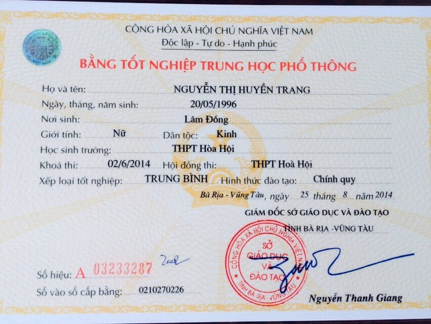 Bảng báo giá dịch vụ làm bằng tốt nghiệp cấp 3 thpt có kèm học bạ gốc